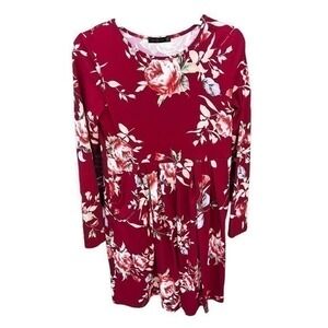 -S- Red Floral scoop neck pleats pockets NWOT S